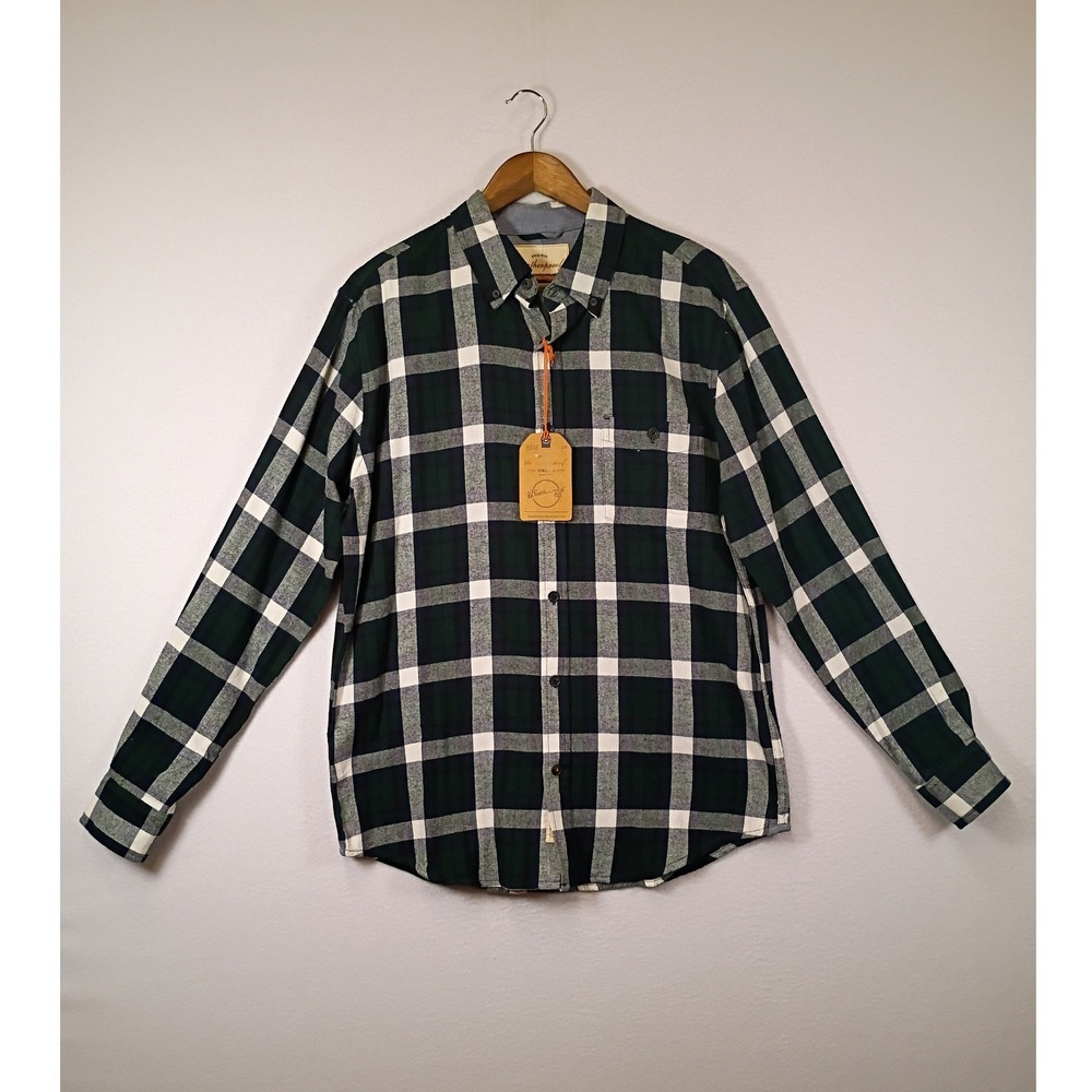 Cabincore Original Weatherproof Vintage Men Medium Green Plaid Button Down Shirt